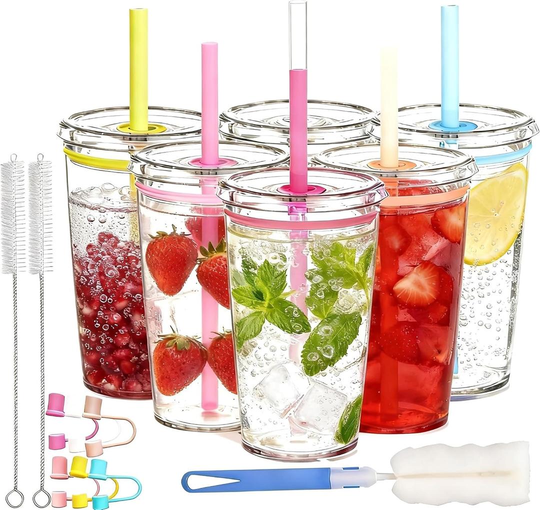 Clear Tumbler Cup, 16 oz Plastic Iced Coffee Cup with Lid and Straw, 6 Pack, Reusable and Dishwasher Safe, for Gatherings and Outdoor Adventures (6, Pure Transparency)