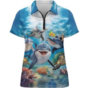 WELLFLYHOM Golf Shirts Short Sleeve Tennis Tops for Women Golf Top 1/4 Zip Workout Sport T-Shirt (Medium, Dolphin Ocean Animals)