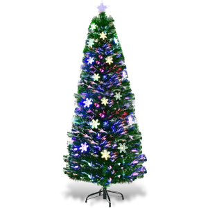 Goplus 6ft Fiber Optic Artificial Christmas Tree, Pre-Lit Xmas Tree with Colorful Snowflake LED Lights, 220 Branch Tips, Foldable Metal Base, for Holiday, Office, Home Decor