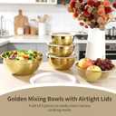 5 PCS Golden Mixing Bowls, Stainless Steel Salad Bowls with Airtight Lids, Mirror Finish Nested Mixing Bowl Set with Mesh Strainer, 4 Bowl Sizes for Baking, Meal Prep, Food Serving