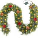 6FT Lighted Christmas Cedar Cypress Garland, Soft and Lush Pine Garland with 50 LEDs,Pre-lit Xmas Battery Operated with Timer for Outdoor Indoor Fireplace Mantle Stair Railings