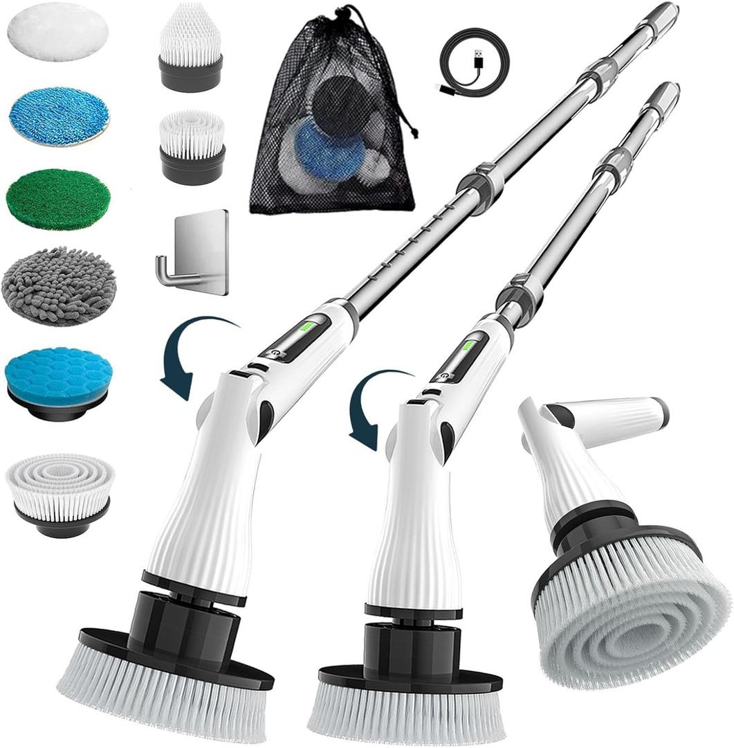 Electric Spin Scrubber, 8 in 1 Electric Cleaning Brush, Cordless Rechargeable Scrub Brush with 8 Replaceable Brush Heads, Adjustable Length and Angle Power Scrubber for Bathroom Tile Bathtub Glass (White Lz52)