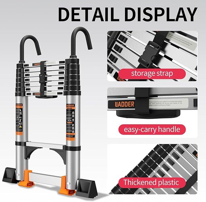 JIASHCHE Telescoping Ladder,Aluminum with with Stable Hook and stabilizer barand,Lightweight Multi-Purpose Extension Ladder,Heavy Duty 330lbs Max Capacity,Collapsible Ladder for RV or Outdoor (12.5FT)