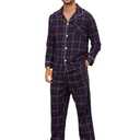 Vulcanodon Men's 100% Cotton Flannel Pajama Sets, Soft Plaid PJS Long Sleeve Sleepwear 2 Piece Button Down Lounge Set（Navy-Brown Plaid,Large）