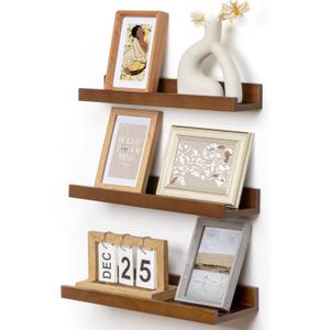 Pine Wood Rustic Floating Ledge Shelves Set of 3, 16 inches Width - Solid Pine, Walnut Finish - Kids' Room to Living Room Wall Decor
