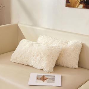 XeGe 12x20 Fluffy Faux Fur Lumbar Throw Pillow Covers Pack of 2, Shaggy Fuzzy Cozy Ivory Lumbar Pillowcases with Zipper, Farmhouse Furry Cream Long Pillow Cases Bedroom Living Room Couch Sofa, Beige