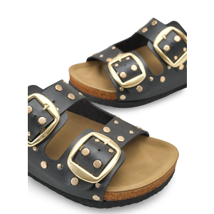 Empty Entire Smooth Leather Stud Strap Mule Sandals, Black, Size 8