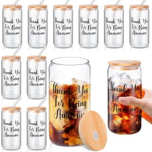 Mifoci 12 Pcs Christmas Cups with Bamboo Lids and Glass Straws, 20 oz Christmas Mason Jars Gifts for Teacher Nurse Friends Women Men Coffee Cups Tea Bubble Tea Juice