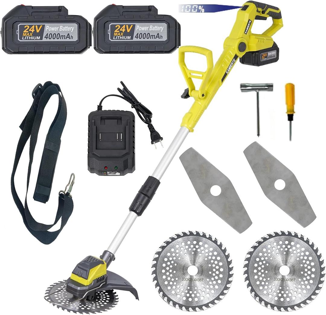 Electric Weed Wacker Eater Cordless Weed Trimmer Battery Powered 24V Powerful Brushless Brush Cutter with 2pcs 4.0Ah Batteries and Charger Stringless Grass Trimmer 2 Types Blades for Yard
