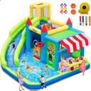 FBSPORT Inflatable Bounce House Water Slide, Bounce House for Kids with Toy Market Stand Splash Pool Bouncer Climbing Wall Water Gun Ball Dart, Bouncy Castle W/620W Blower for Outdoor Indoor, Green