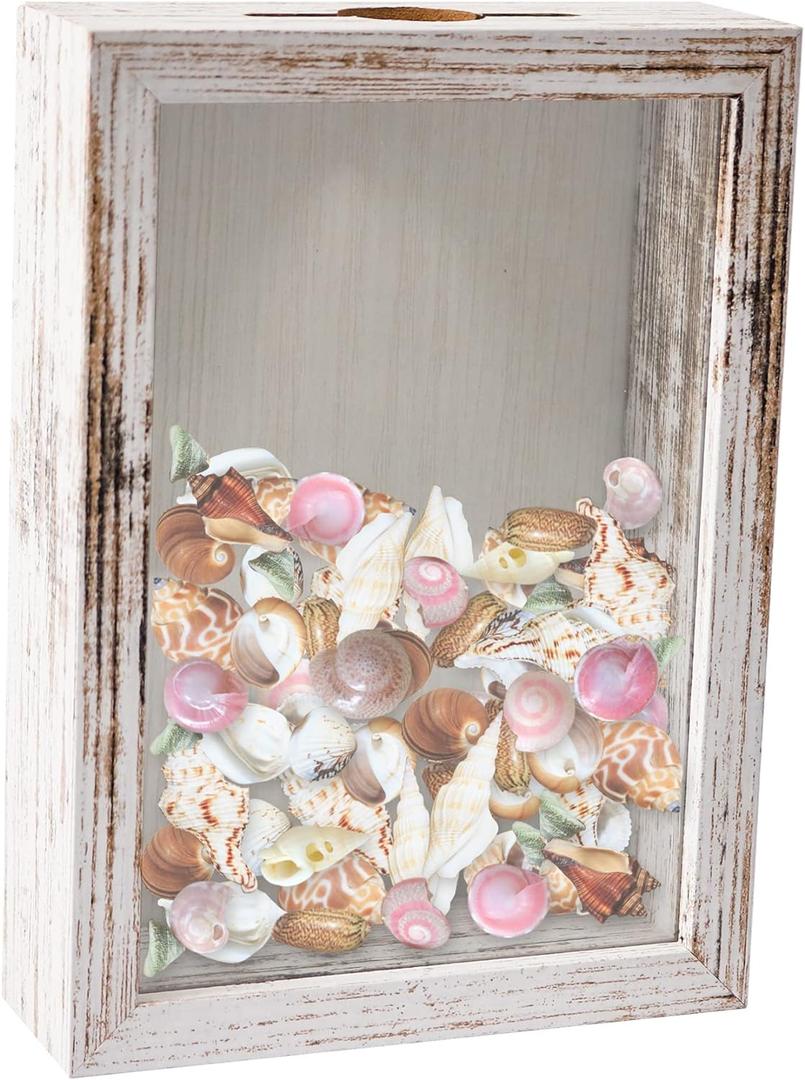 GraduationMall 5x7 Top Loading Shadow Box Frame with HD Glass,Wood Display Case with Slot,1.25 inches Interior Depth,Ideal for Wine Bottle Caps,Tickets,Shells,Stamps and More,White (5x7, Rustic White)