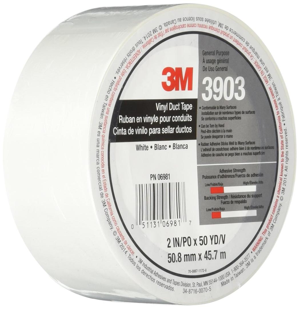 3M Vinyl Duct Tape 3903, White Color, 2 in x 50 yd, 7.3 mil, Individually Wrapped Conveniently Packaged