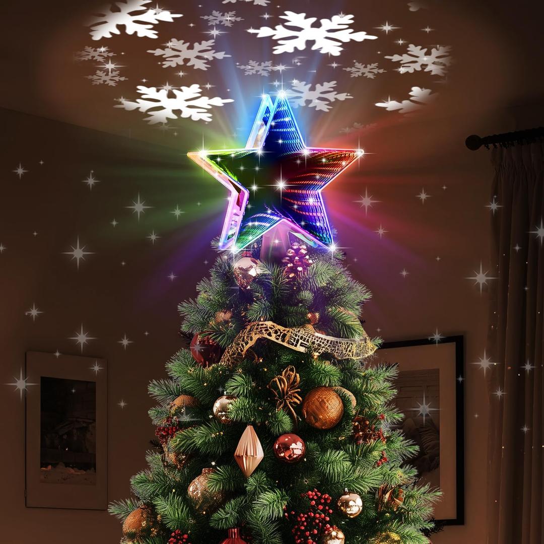 Keten Christmas Tree Topper Lighted, Tunnel Mirror Design Colorful Light Star Topper Decorations with 3D Rotating Pattern Projector for Indoor Outdoor Xmas Party Holiday