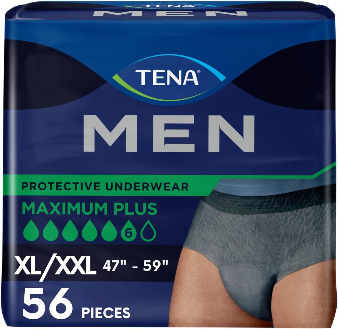TENA Men Maximum Plus Incontinence Underwear, XL/XXL 47-59in, Gray, 56 ct,4 packs (Gray, XL)
