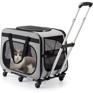 Extra Large Pet Carrier with Wheels for Small Dogs and All-Breed Cats, Cat Rolling Carrier for up to 4 Cats, Support up to 40 Lbs, Grey (Single Compartment)