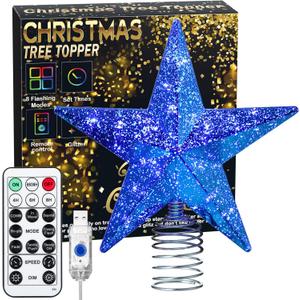 Blue Christmas Tree Star Topper with Lights, 8.5-Inch Light-Up Christmas Tree Topper with Remote Control, 4 Brightness Levels & 8 Light Modes, Faux Mercury Glitter Design with 20 Lights