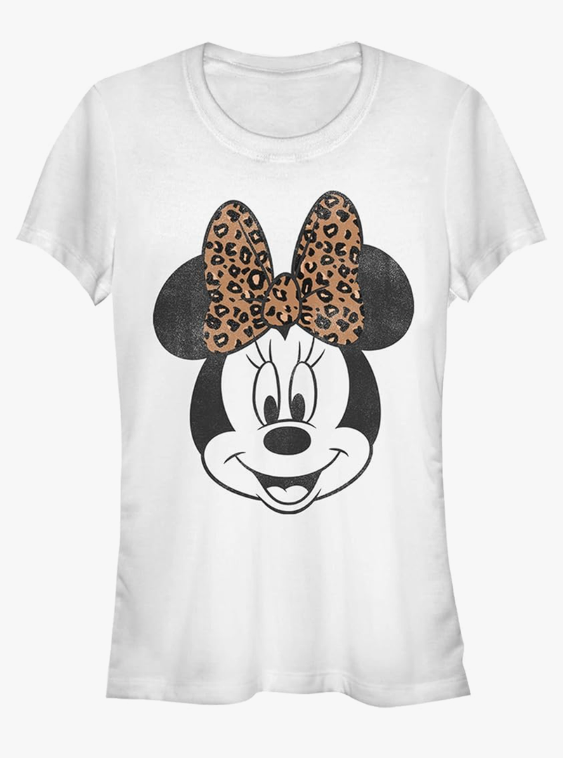 Junior's Mickey & Friends Minnie Mouse Cheetah Print Bow T-Shirt, M