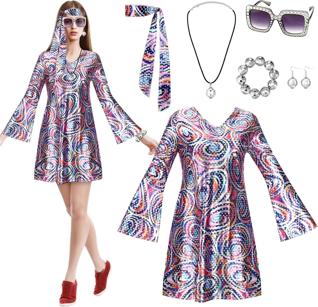 Jiuguva 6 Pcs 70s Disco Outfit for Women 70s Disco Dress Costume Hippie Clothes Accessories Jewelry for Halloween Party, L