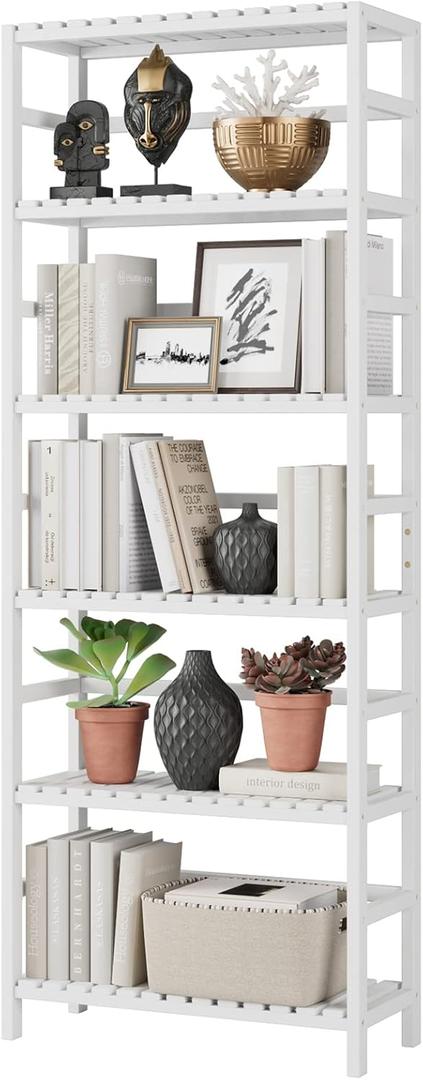 Bamjoy Bamboo Shelf, 6 Tier Bookcase Storage Shelves, Tall Book Rack Shelving Unit, Multipurpose Storage Display Shelf Adjustable Storage Rack for Bathroom Home Office Living Room Kitchen, White