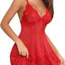 Aranmei Sultry Lace Babydoll Nightgown & Thong Set, Patchwork Mesh Scallop Trim Slips, Chemise Lingerie for Women Sexy (Red, XL)