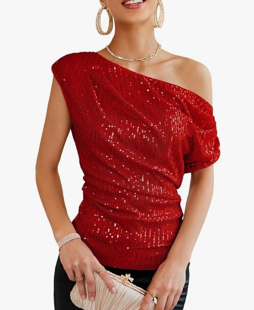 GRACE KARIN One Shoulder Sequin Sparkly Tops for Women Ruched Asymmetrical Glitter Tops Slimming Sparkle Party Shirts Size 2XL