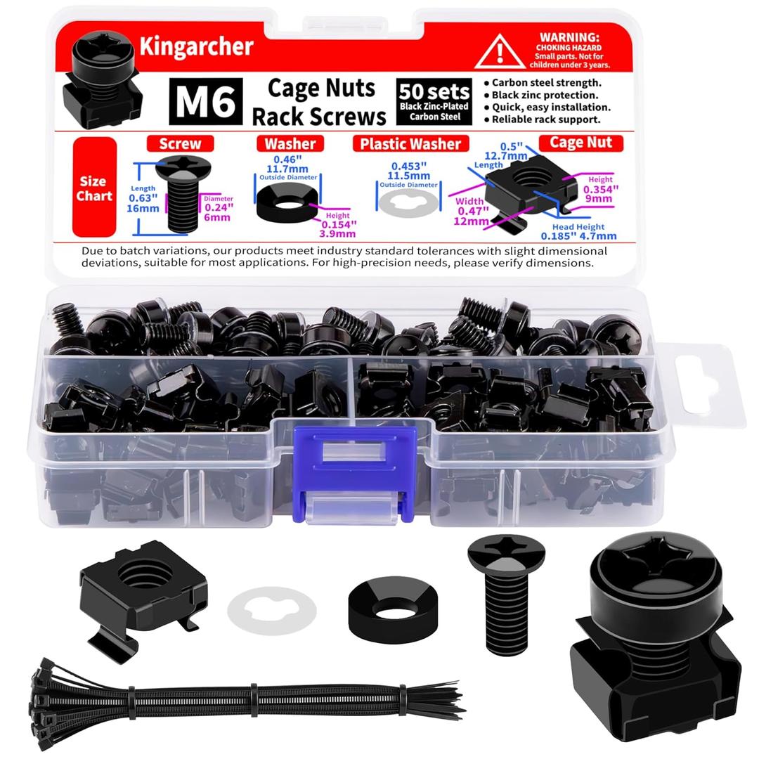 50-Pack M6 x 16mm Rack Mount Cage Nuts, Screws, and Washers  Server Rack Screws and Cage Nuts for Square-Hole Network Racks, Cabinets, and Shelves  Includes Cable Ties