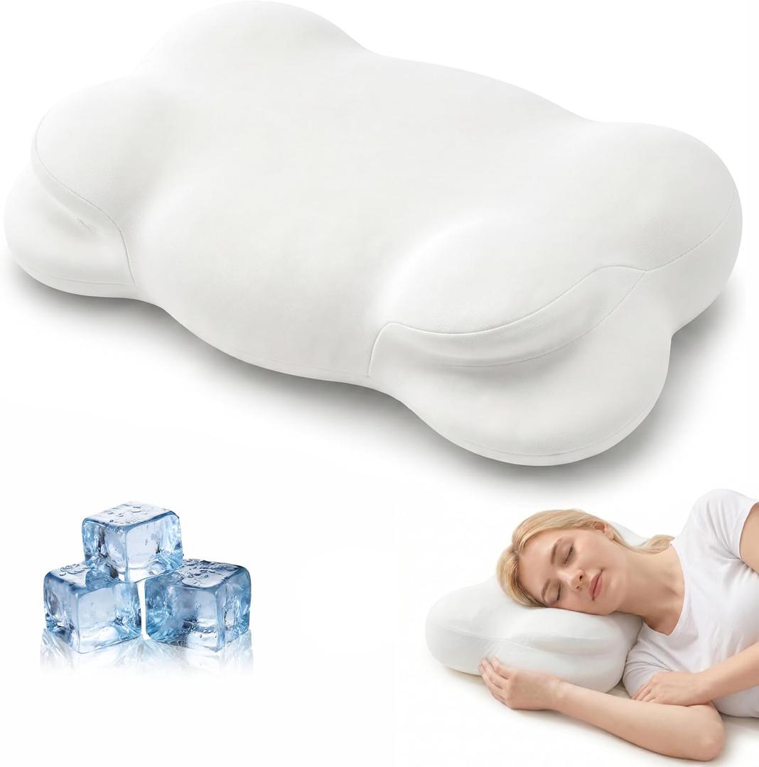 KLXXUJK Cloud Pillow,Ergonomic Memory Foam Pillow, Stable Support for Cervical Neck, Cooling Breathable Pillowcase, Cervical Neck Pain Relief for Side, Back & Stomach Sleepers  Queen Size White