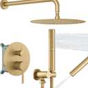 BESy Shower System with 10 Inch Round Rain Shower Head and Handheld Wall Mounted, High Pressure Rainfall Shower Faucet Fixture Combo Set with 2 in 1 Handheld Showerhead for Bathroom, Brushed Gold