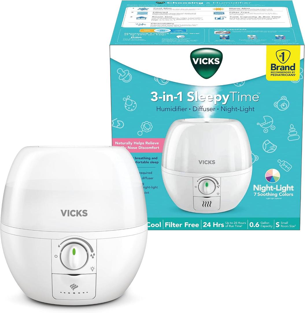 Vicks Humidifier 3-in-1 SleepyTime Cool Mist Humidifier for Nursery, White