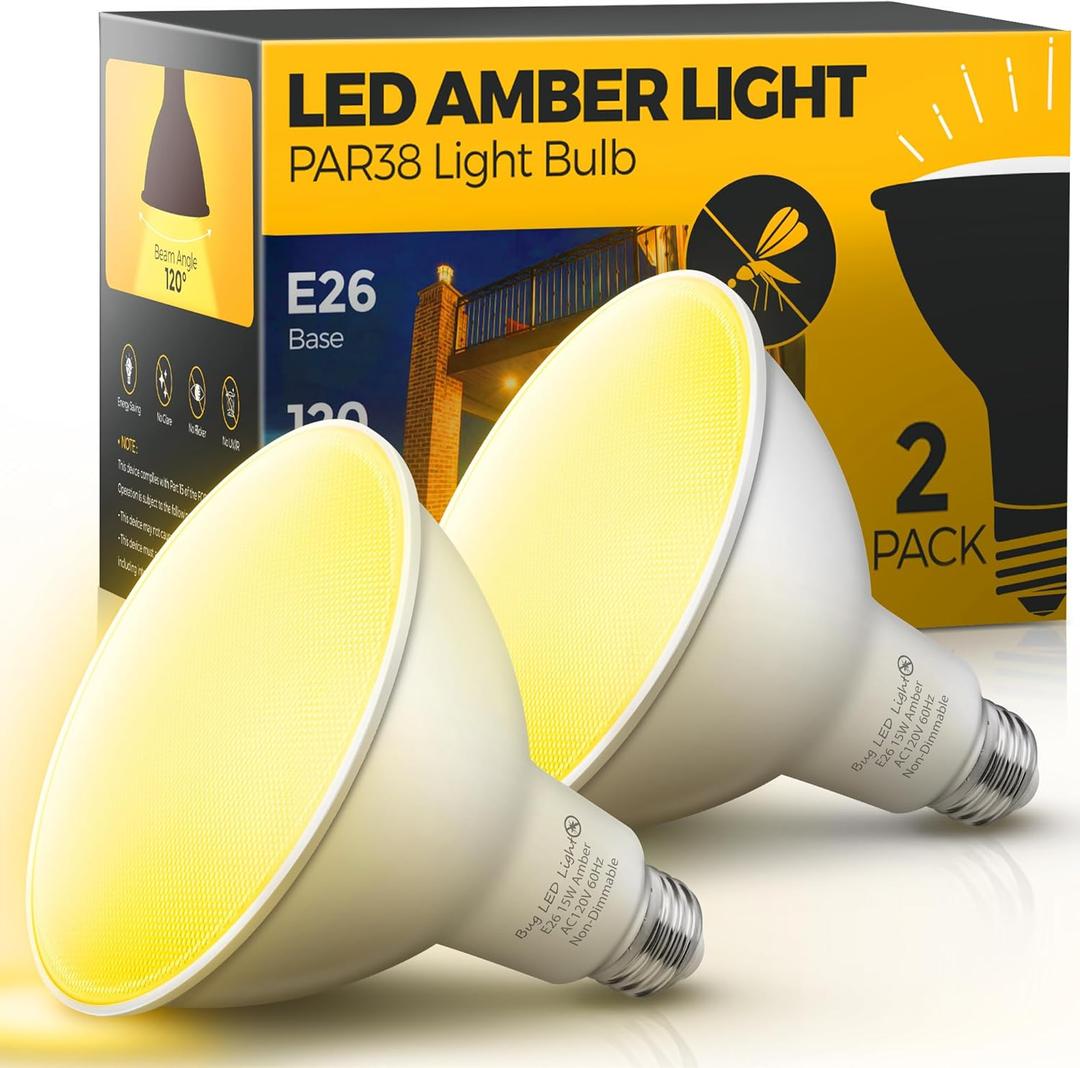 L LOHAS LED Yellow Bug Light Bulbs Outdoor, PAR38 LED Flood Light Outside, 150-200W Equivalent 2000K Non-Attracting, 15W 1100LM Non-Dim Amber Porch Lights, E26 Base for Patio, Backyard, Party 2 Pack