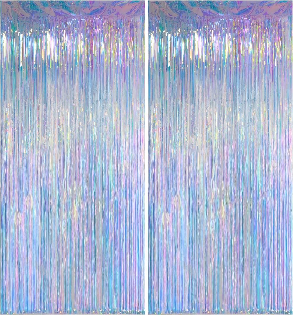 Iridescent Clear Tinsel Curtain Backdrop, 3.28 x 8ft Extra Long Rainbow Foil Fringe Curtain with Extra Tape, Shimmer Party Decoration for Ocean, Unicorn, Birthday & Photo Booth, 2 Pack