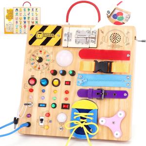 23 in 1 Busy Board Montessori Toys for 1-3 Year Old Wooden Learning Educational Toy for Toddlers with 15 Switches, 26 LED Lights, Music Boxes, Locks, Zippers Toddler Sensory Toys for Soothing A Baby