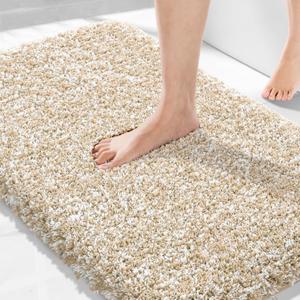 Yimobra Bathroom Rugs Non Slip Washable 36x24, Ultra Soft and Water Absorbent Bath Mats, Plush Fluffy Shower Mat Outside, Luxury Microfiber Thick Matts for Bathroom Floor/Tub, Light Beige and White