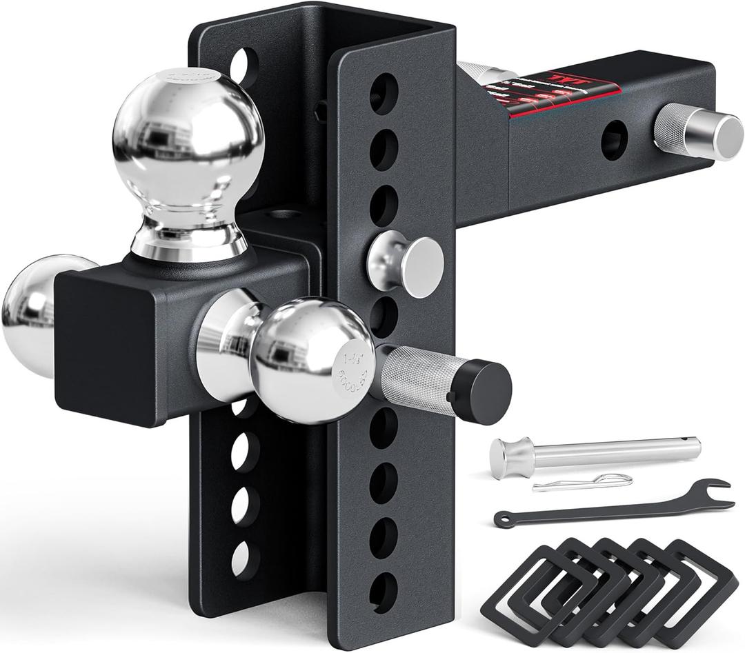 TYT Anti-Rattle Adjustable Trailer Hitch Tri-Ball Mount, Fits 2" Receiver, 4-1/2" Rise/Drop, 1-7/8"&2"&2-5/16" Ball, Heavy Duty Towing 10000lbs GTW