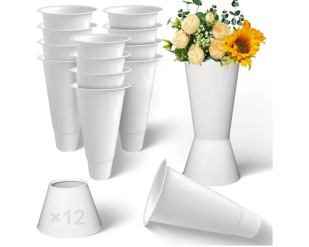 15.5 Inch White Flower Buckets for Cut Flowers with Base, Multi-Purpose Plastic Vase for Flower Display Stand Florist Supplies, Home Wedding Decoration