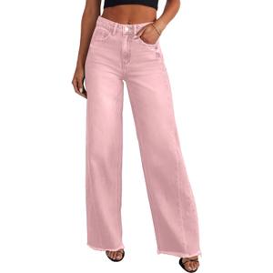 Sidefeel Women's Wide Leg Jeans High Waisted Strechy Raw Hem Zimbaplatinum Denim Pants (8, Pink)