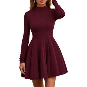 PRETTYGARDEN Fall Dresses for Women Elegant Classy 2026 Casual Long Sleeve Swing A Line Ruffle Short Homecoming Party Dress (Burgundy, X-Large)