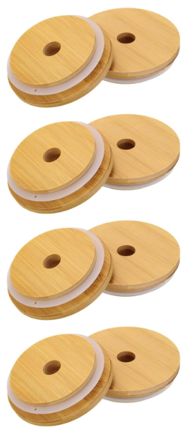 uxcell 8pcs Bamboo Jar Lids with Straw Hole, 87mm Wide Mouth Wooden Mason Jar Lids for Glass Cups, Canning Lids with Airtight Silicone Ring for Drinking Jars, Brown