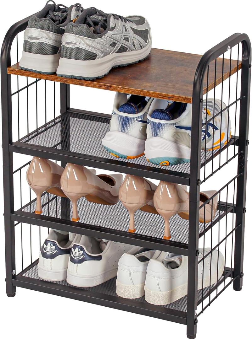 Shoe Rack, 4-Tier Shoe Organizer with Guardrails, Heavy-Duty Metal Mesh Shelves & Rustic Wooden Top for Stylish Closet & Front Door Storage (17.32" X 10.24" X 23.03", Rustic Brown + Black)