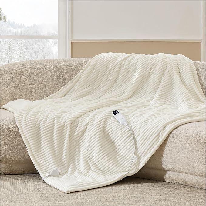 Bedsure GentleSoft Electric Blanket King Size  Soft Ribbed Flannel Heated Blanket with Dual Control, Heating with 10 Heat Settings & 10 Time Settings, 8 hrs Timer Auto Shut Off (90x100 inches, Cream)