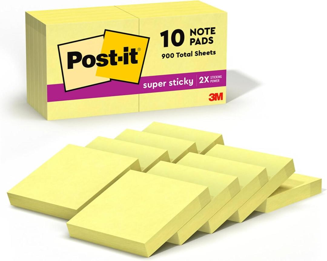 Post-it - MMM62210SSCY Super Sticky Notes, 2 in x 2 in, 10 Pads, 2x the Sticking Power, Canary Yellow, Recyclable (622-10SSCY)