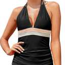 Yonique Women's Halter Tankini Top V Neck Swim Top Tummy Control Bathing Suit (Black, XL)