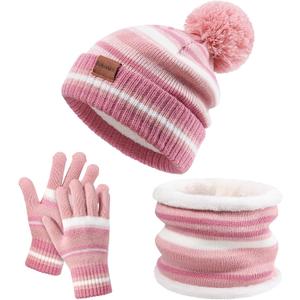 Kids Winter Hat Gloves Scarf Set: Girls Boys Beanie Hats Gloves Knit Set with Thick Warm Fleece Lined For Ages 6-10 Children (Pink)