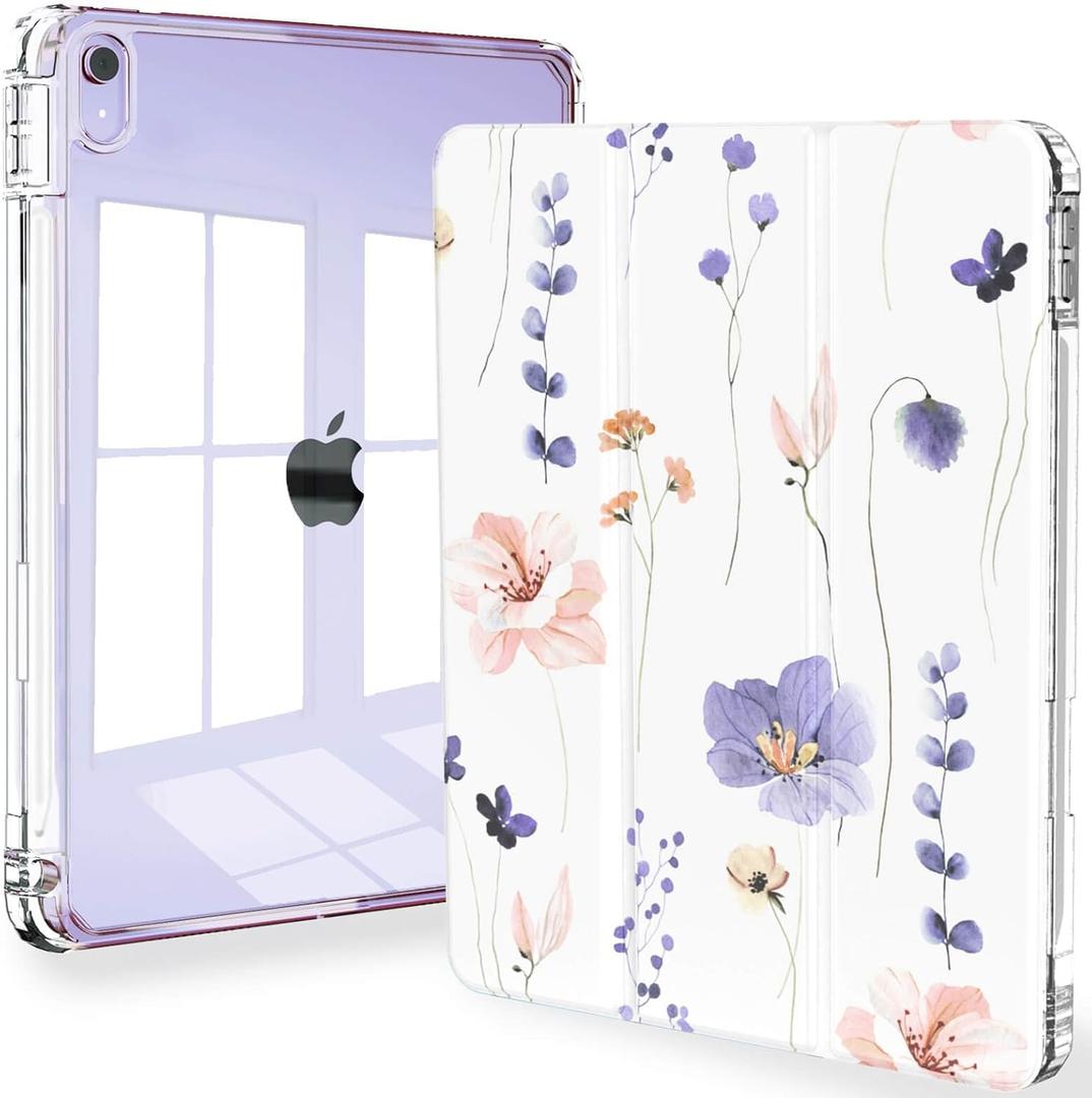 Feams Slim Case for iPad Air 11inch M3 2025 / M2 2024, iPad Air 5th Generation 2022 / iPad Air 4th Generation 2020 10.9 Inch Case Clear Back with Pencil Holder & Auto Sleep, Purple Flowers