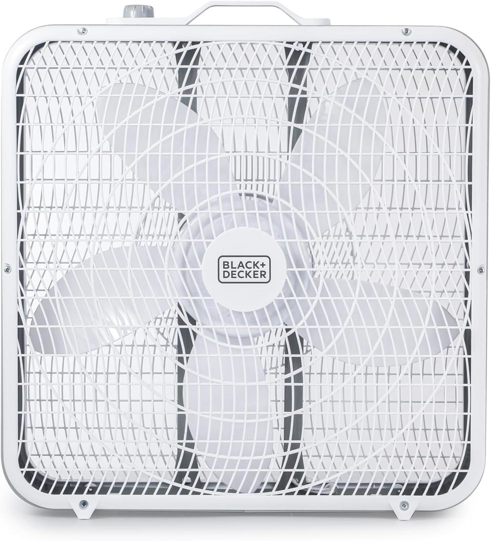 BLACK+DECKER Box Fan with 3 Speed Settings, 20 Box Fan with Carrying Handle, Rotary Knob and Recessed Cord Storage, Portable Fan and Cooling Fan for Home, Office, Garage, Basement & More (White)