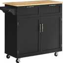 HOMCOM 41" Modern Rolling Kitchen Island on Wheels, Utility Cart Storage Trolley with Rubberwood Top & Drawers, Black