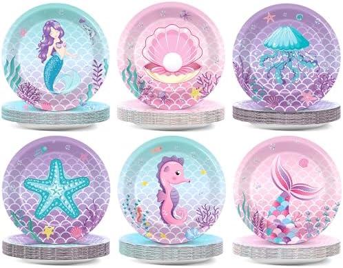 Mermaid Party Plates Under the Sea Birthday Supplies 7Inch Marine Sea Animals Tableware Ocean Plates Disposable Paper Plate Dessert Plates for Boy Girl Kid Baby Shower Decoration Favor