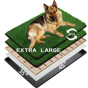 MEEXPAWS Dog Grass Pee Pads for Dogs with Tray | Extra Large 45×34 in | 2× Dog Artificial Grass Pads Replacement| Rapid Drainage | Indoor Litter Box | Hemmed Edge