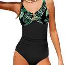 Girls One Piece Swimsuit Cut Out Ruffle Bathing Suit Twist V Neck Swimwear Solid Color with Cover Up Skirt 7-16T (Black)