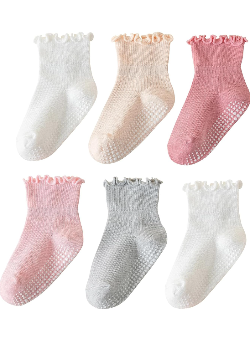 6 Pairs Toddler Ruffle Socks for Girls - Baby Grip Socks with Non-Slip, Cute Grippy Frilly Design (0-12 Months)